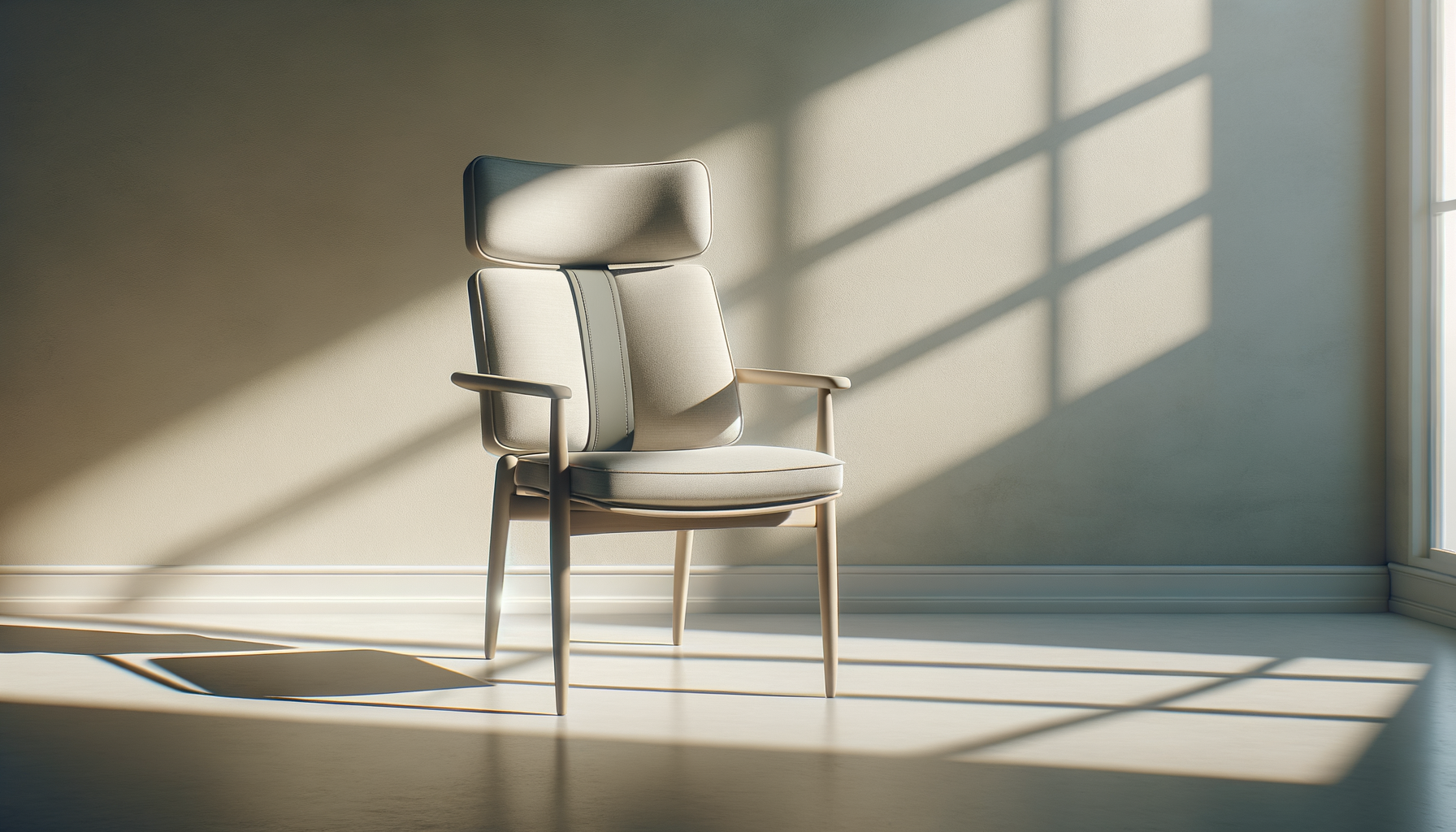 minimal workspace with support cushion and belt, soft light, calming neutral colors