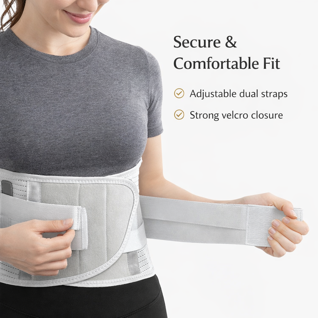 Woman wearing adjustable back support belt with dual straps and velcro closure for posture