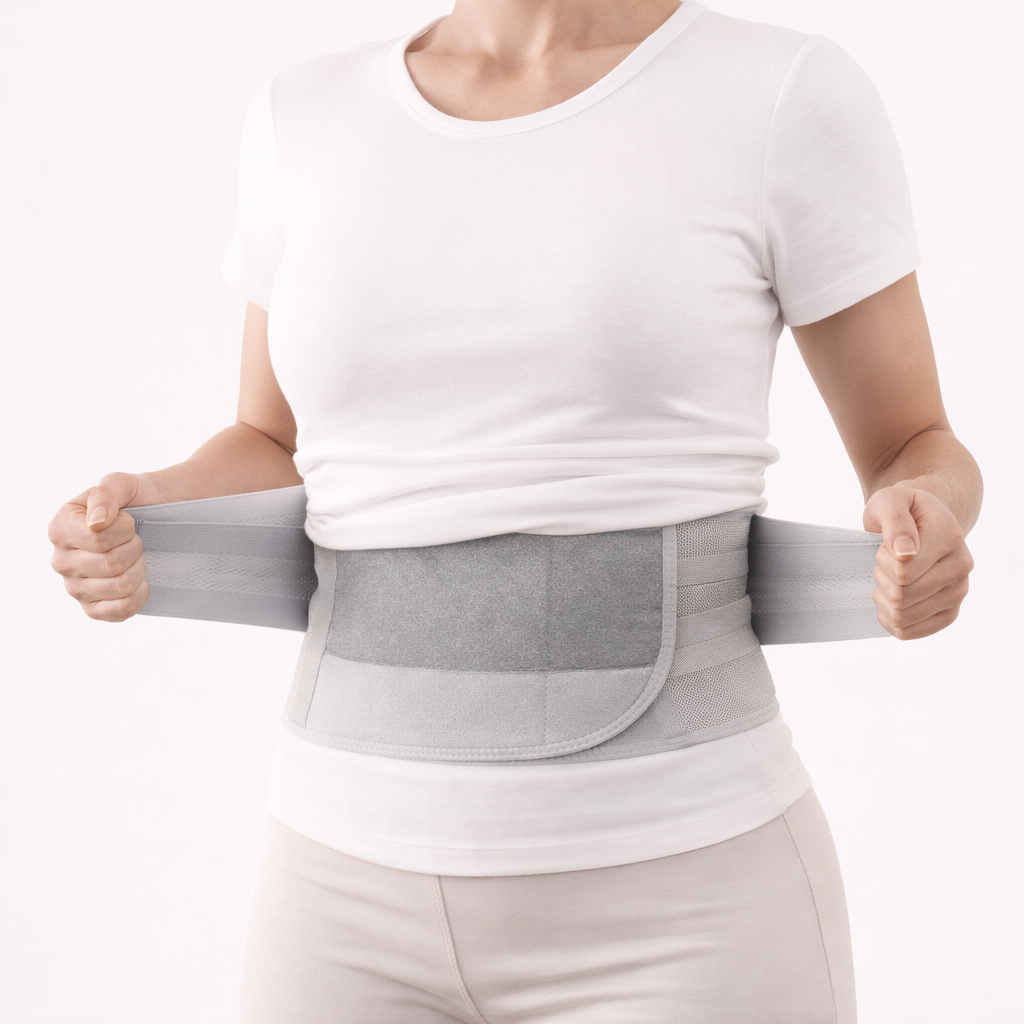 Woman adjusting a gray posture corrector support belt over a white t-shirt