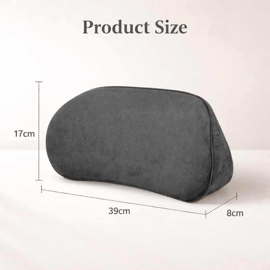 Ergonomic support pillow in dark gray with dimensions 39x17x8 cm on neutral background