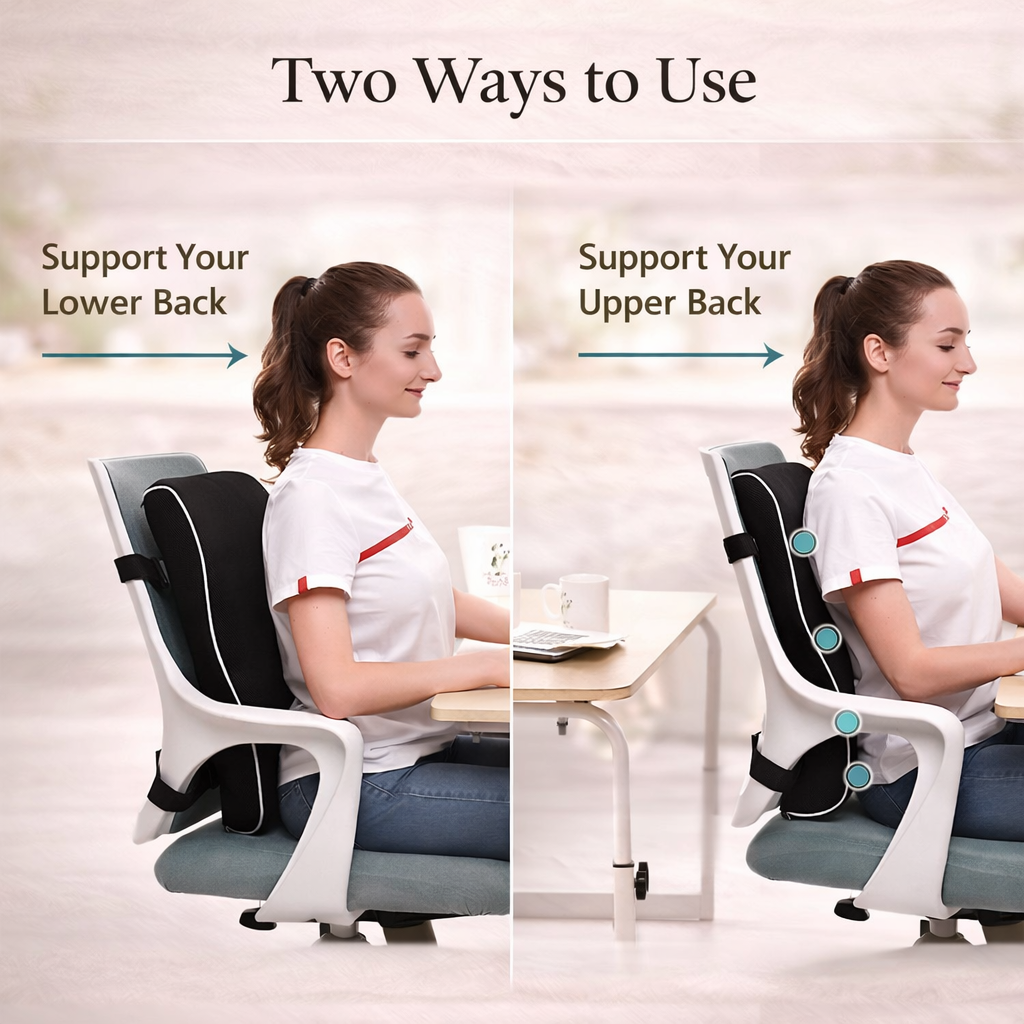 Woman sitting at desk showing two ways to use an ergonomic posture support pillow for upper and lower back.