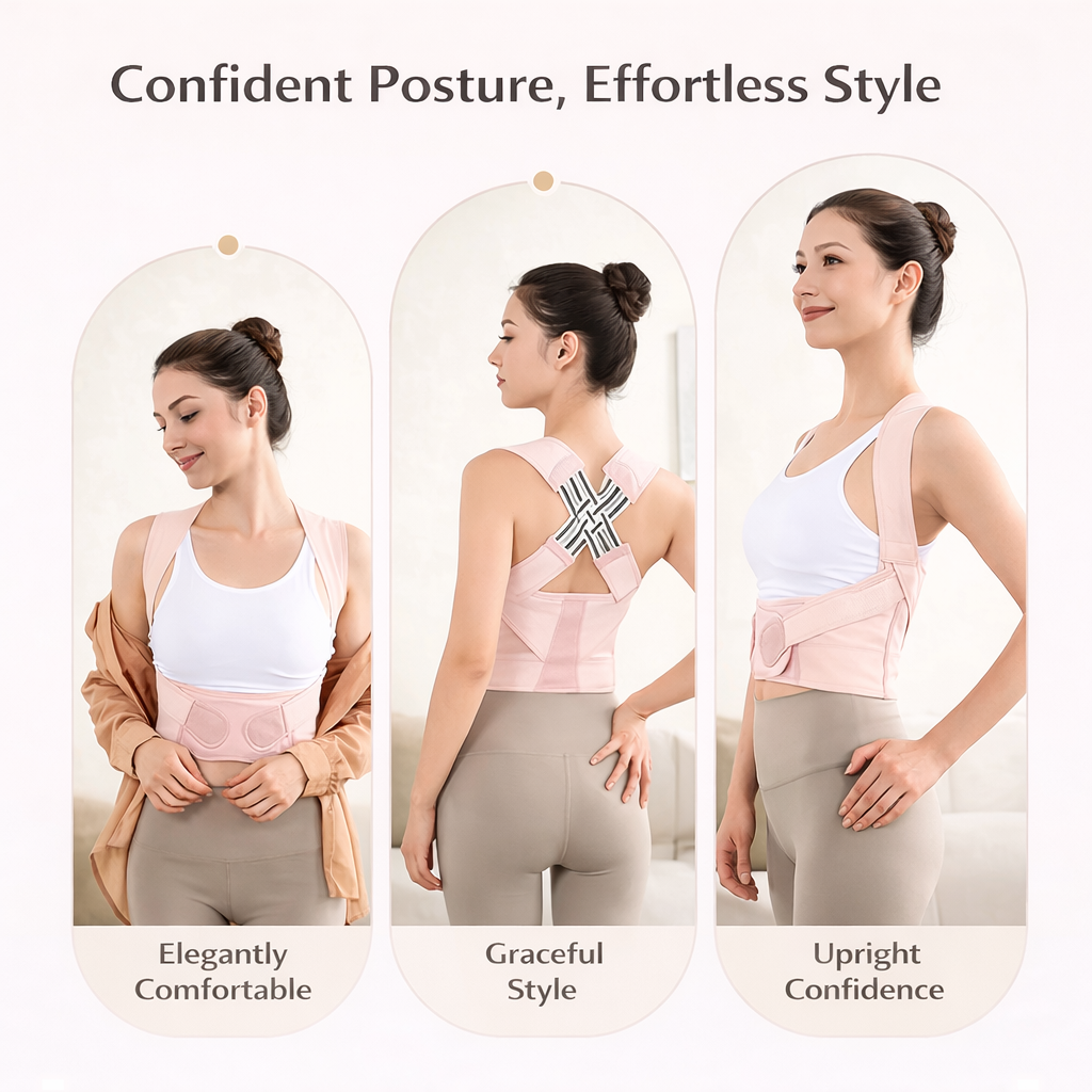 Woman wearing pink posture corrector in three views, demonstrating comfort, style, and support