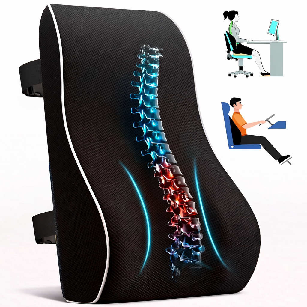 Ergonomic lumbar support pillow with spine graphic, showing use for desk and car seating.