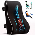 Ergonomic lumbar support pillow with spine graphic, showing use for desk and car seating.