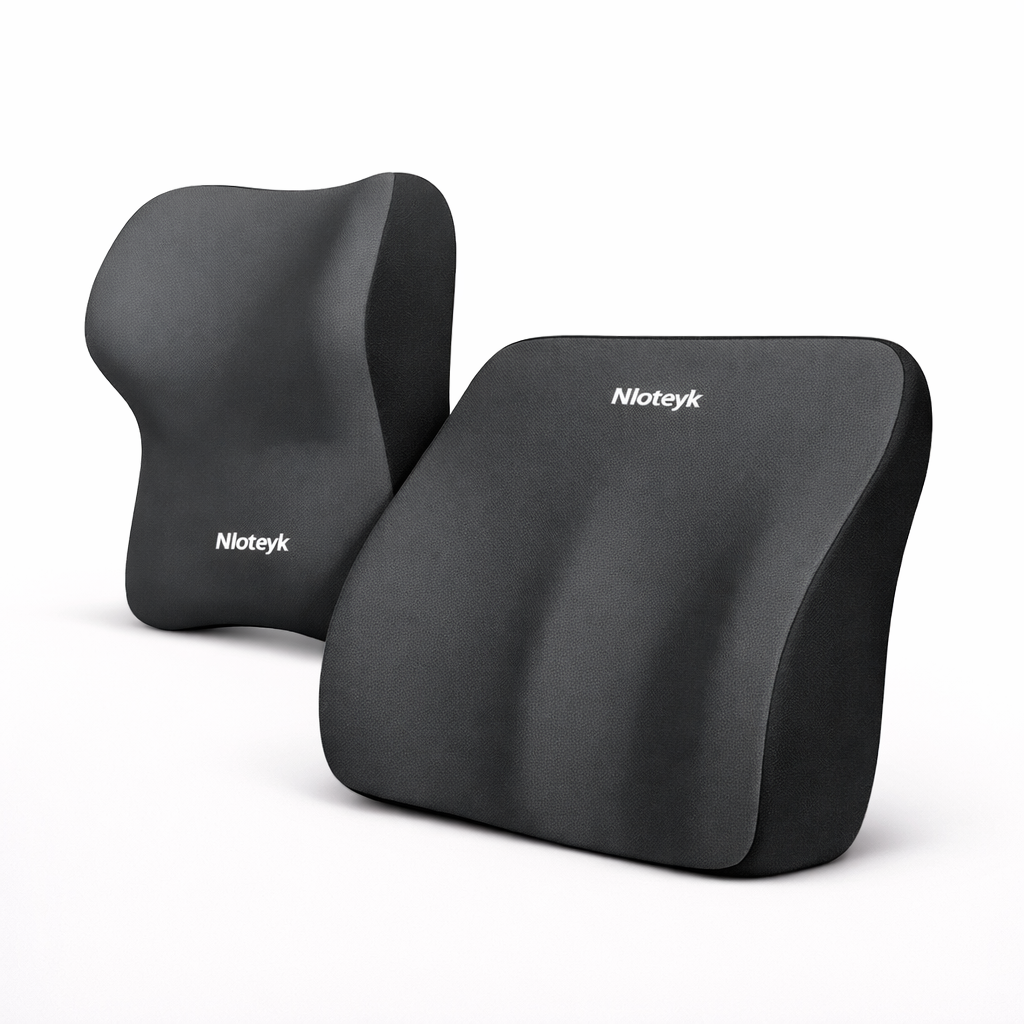 Ergonomic black back and seat support cushions for posture correction on white background