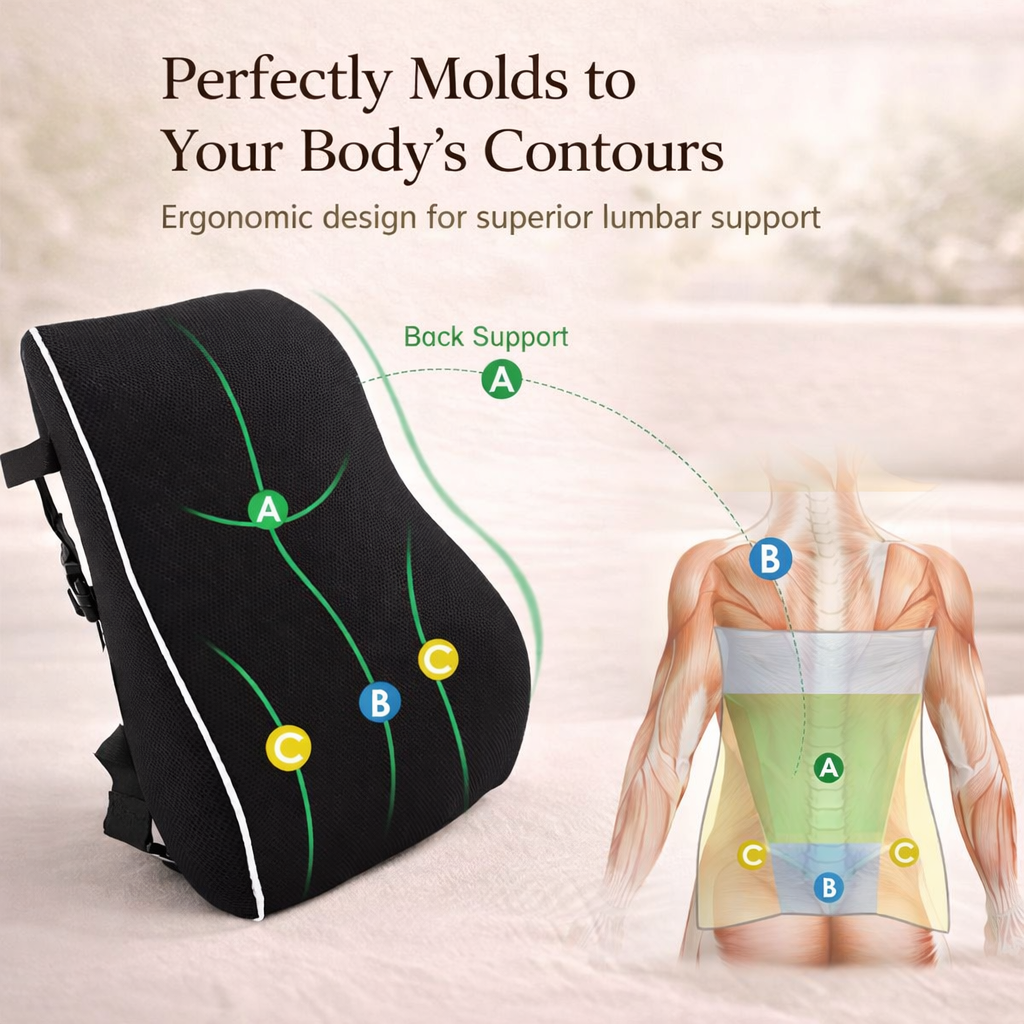 Ergonomic lumbar support cushion with contour lines, back anatomy illustration, posture aid