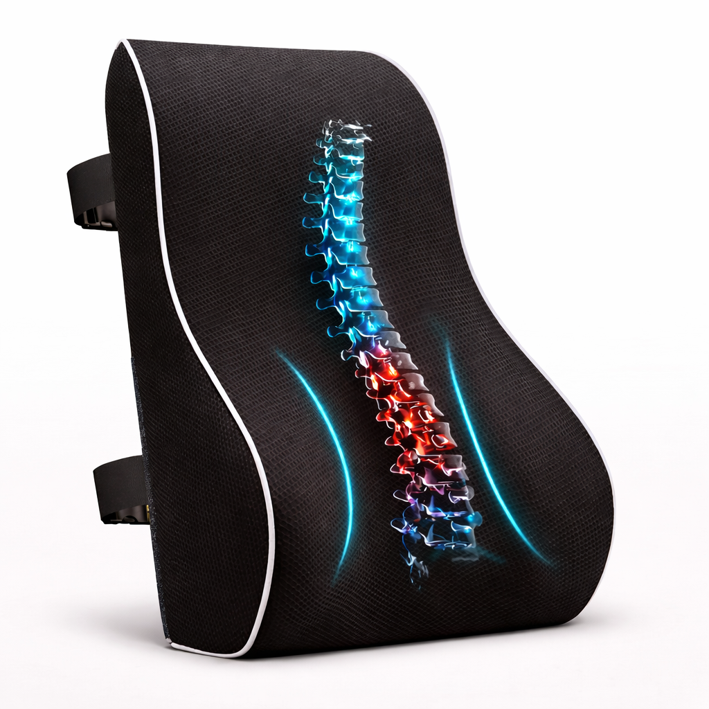 Ergonomic pillow with anatomical design and spine illustration for back support