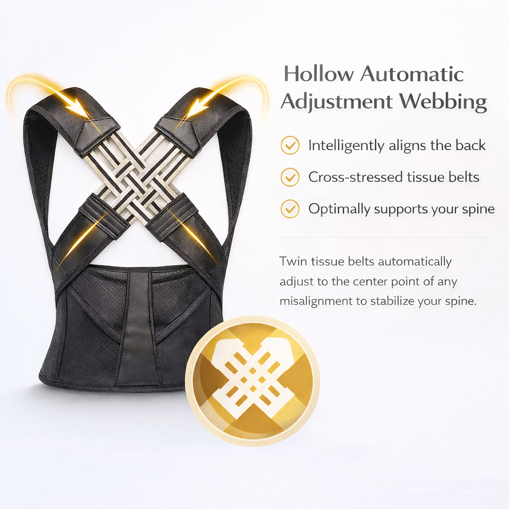 Black posture corrector with adjustable webbing straps and cross-stressed support belts.
