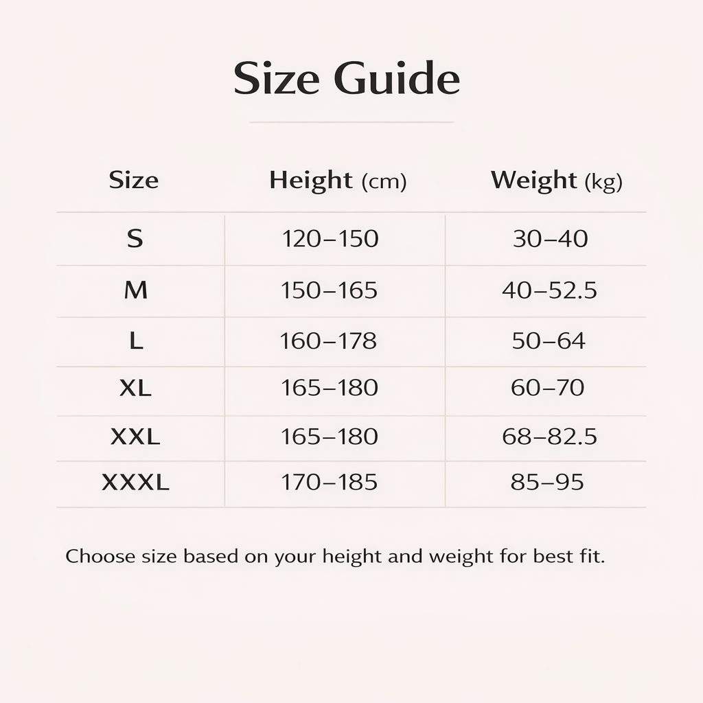 Posture corrector size guide chart with height and weight ranges for sizes S to XXXL.