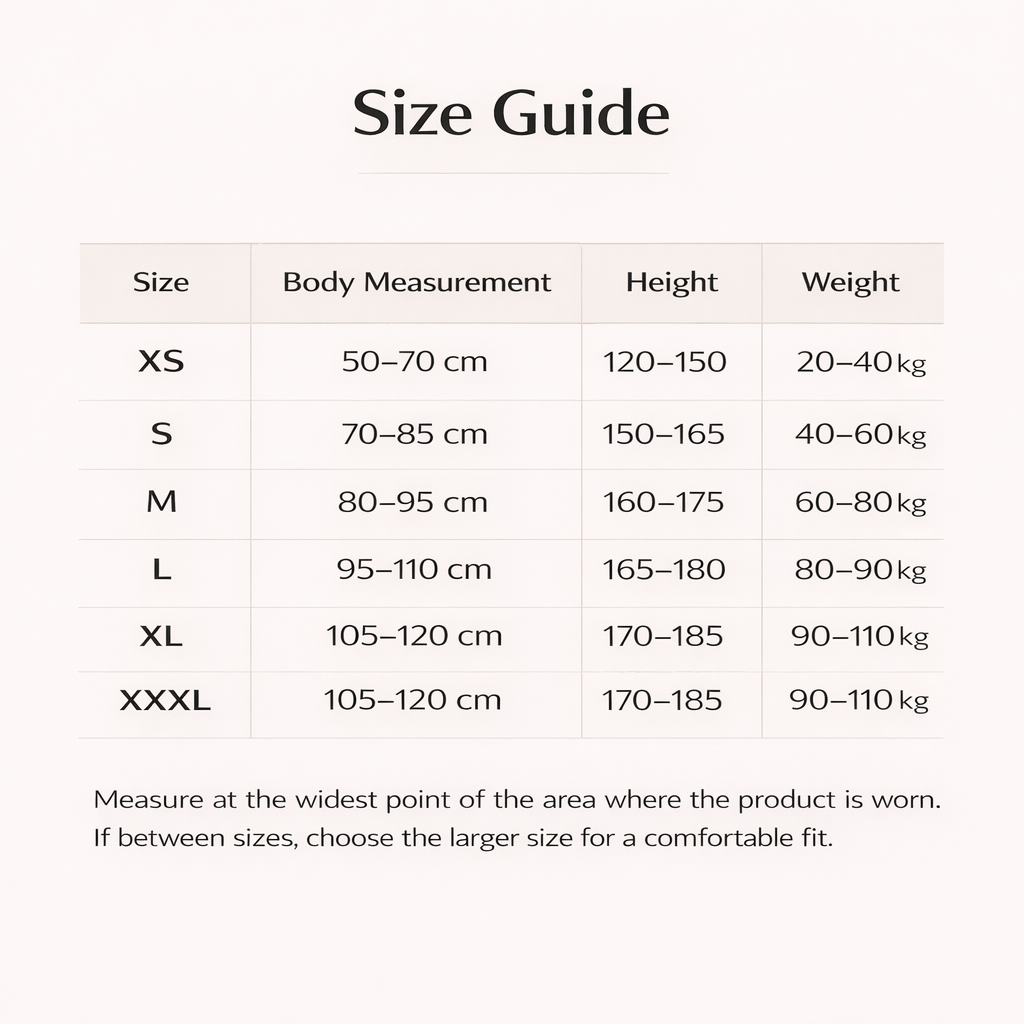 Posture corrector size guide chart showing XS to XXXL with measurements for body, height, and weight.