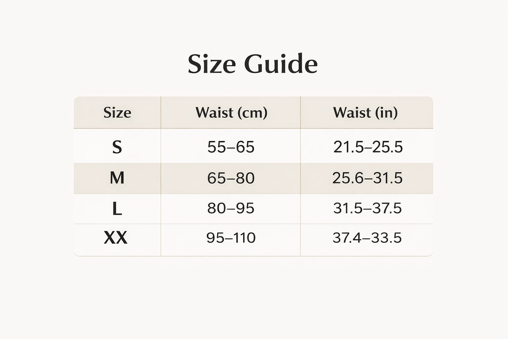 Posture corrector size guide chart with waist measurements in cm and inches for S, M, L, XX sizes.