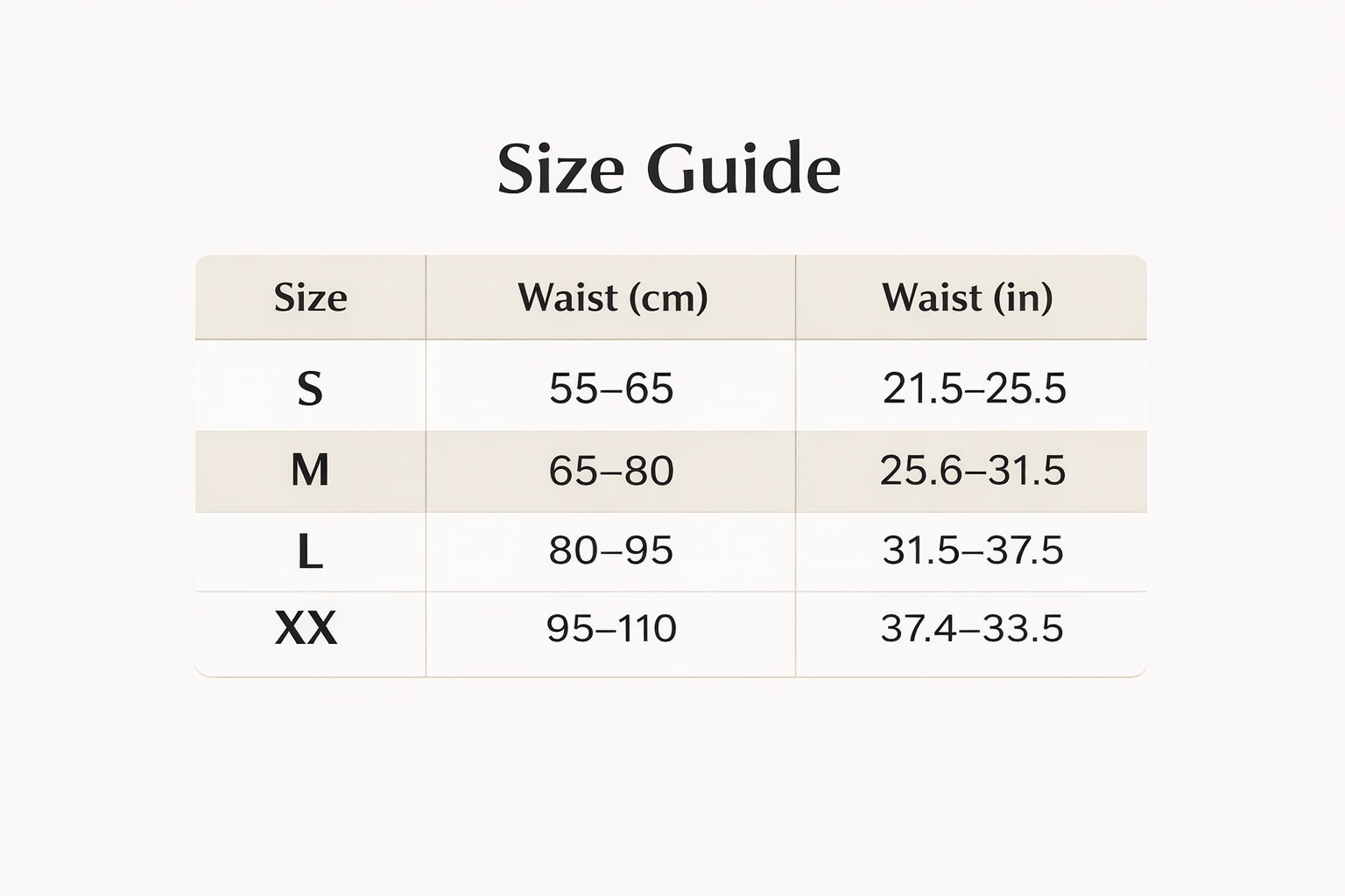Posture corrector size guide chart with waist measurements in cm and inches for S, M, L, XX sizes.