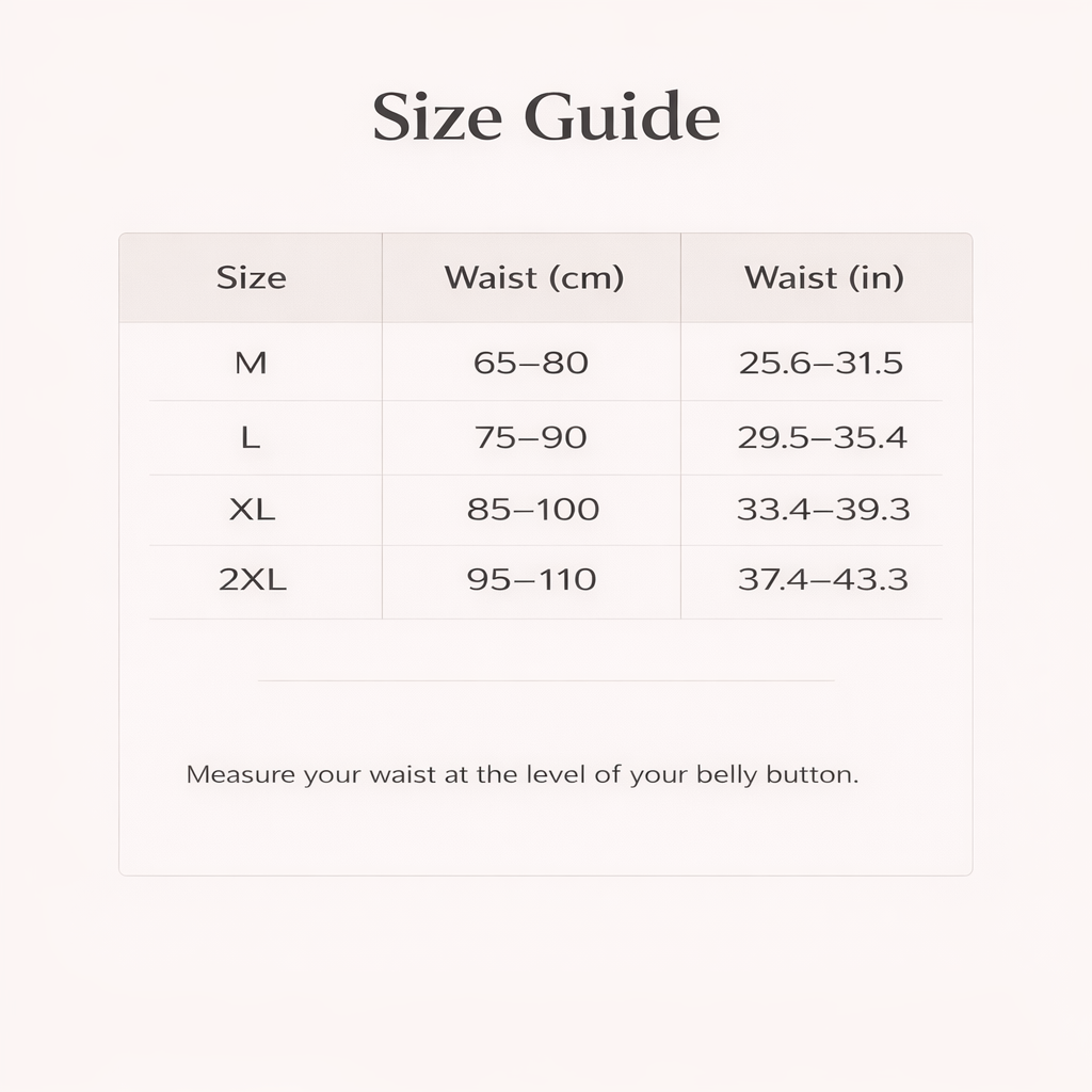 Posture corrector size guide chart with waist measurements in cm and inches for M to 2XL.