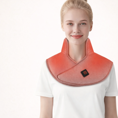 Woman wearing a red heated neck and shoulder wrap for posture support and pain relief