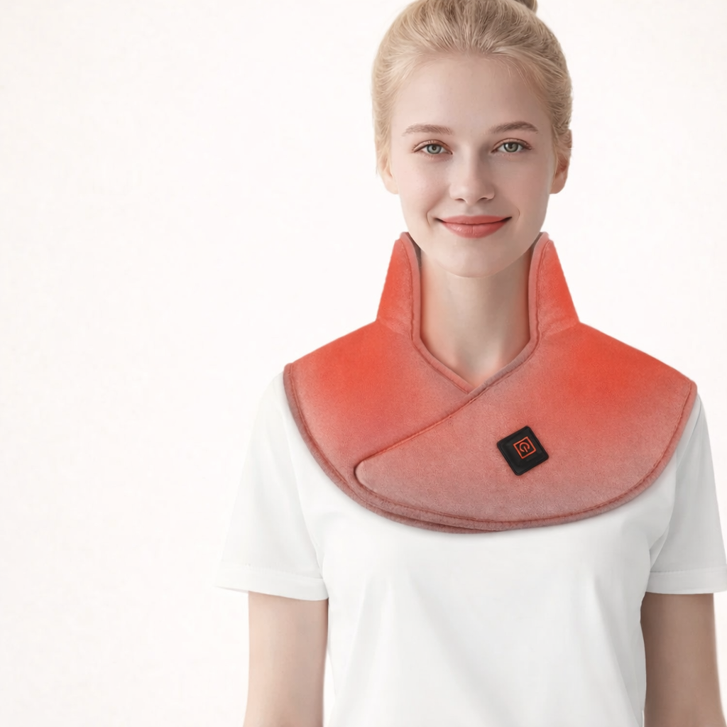 Woman wearing an orange heated neck and shoulder wrap for posture support