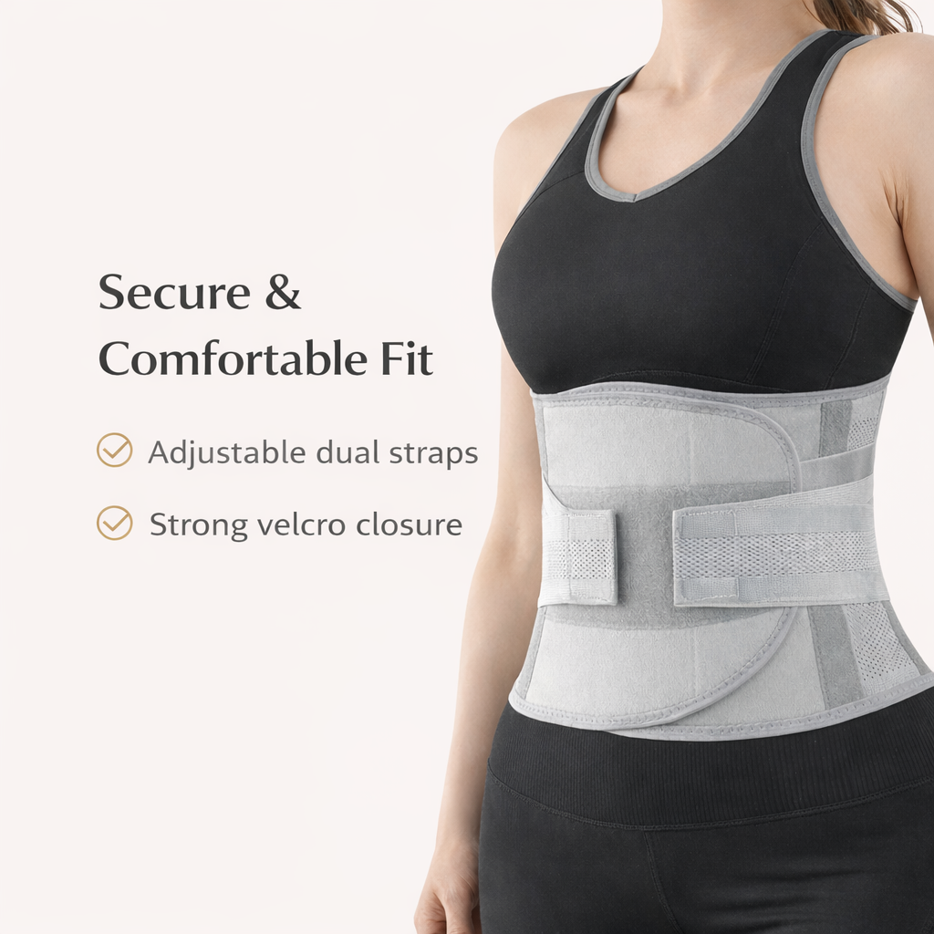 Woman wearing an adjustable back posture corrector belt with dual straps and velcro closure.