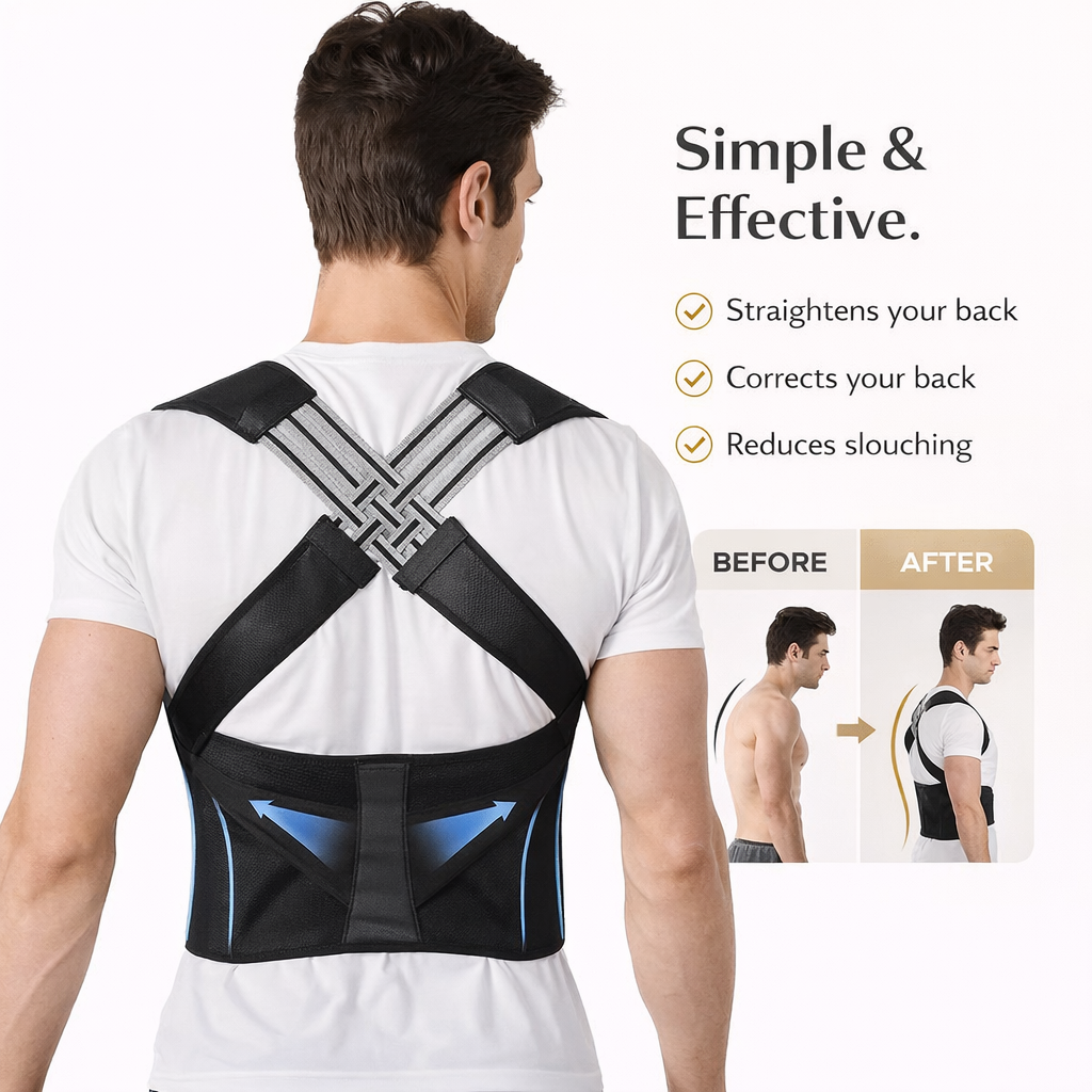 Man wearing adjustable black posture corrector showing back support and improved alignment