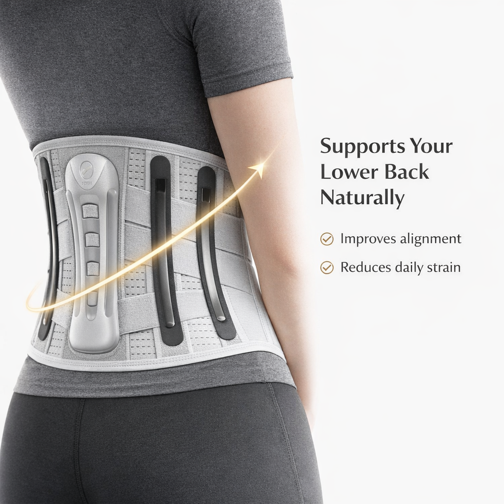 Adjustable lumbar support belt worn on lower back to improve posture and reduce strain