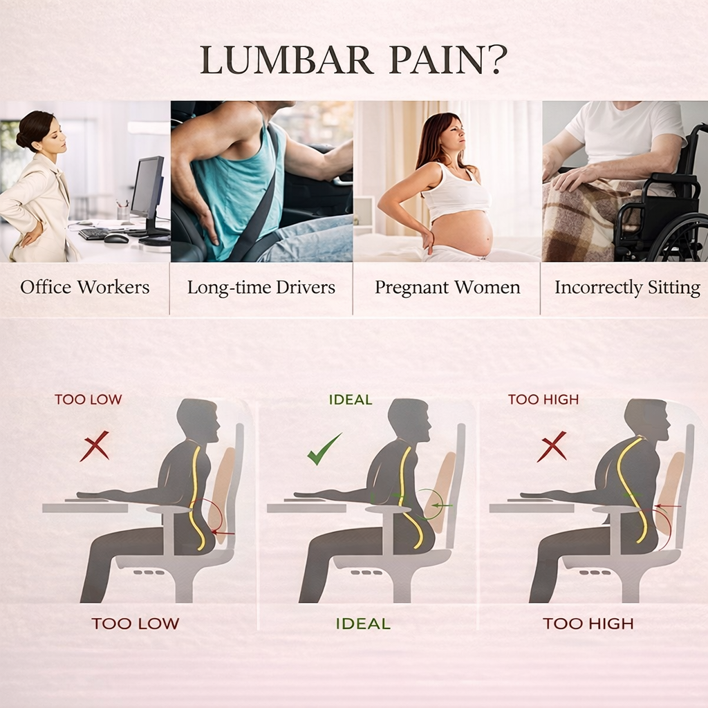 Infographic showing common causes of lumbar pain and illustrations of correct and incorrect lumbar support while sitting, targeting office workers, drivers, pregnant women, and those with poor posture.