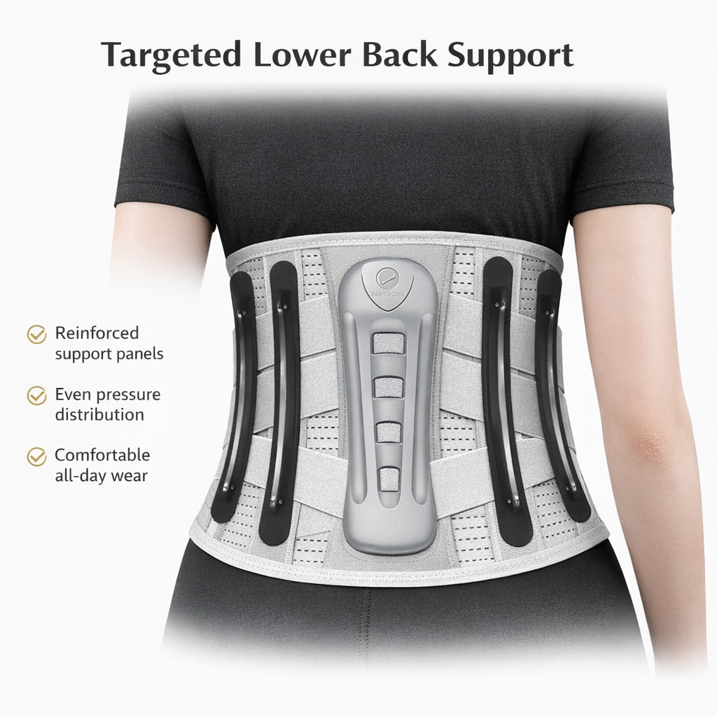 Adjustable lower back support belt with reinforced panels for posture correction