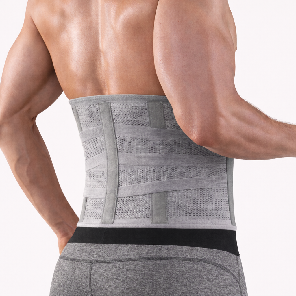 Muscular man wearing a gray back posture corrector belt for support