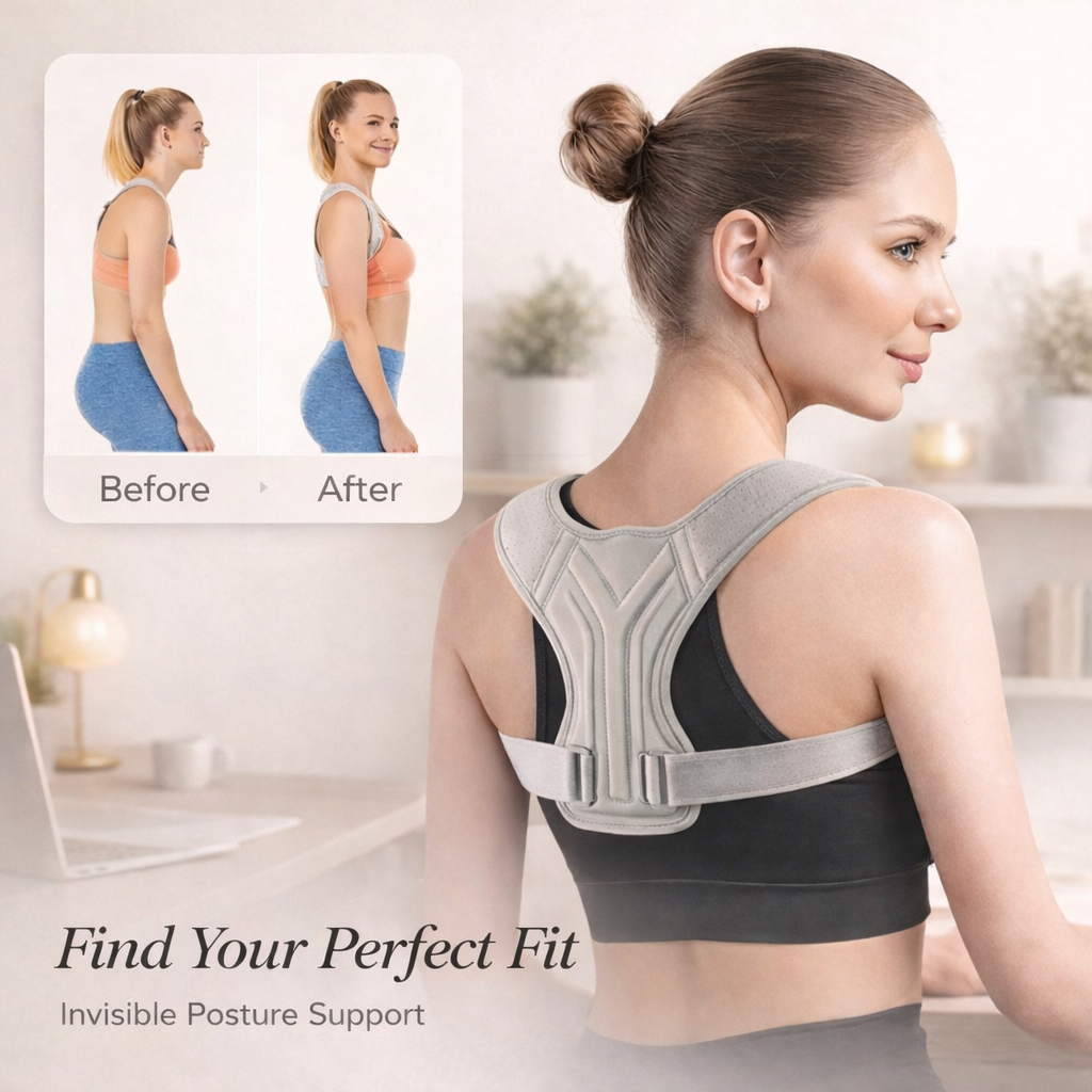 Woman wearing a posture corrector brace at a desk with before and after posture comparison
