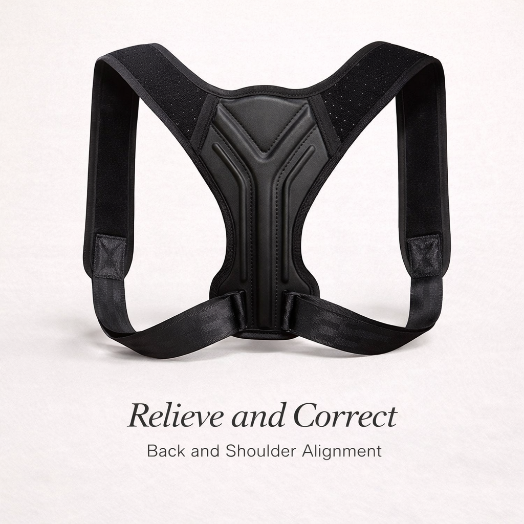 Adjustable black posture corrector for back and shoulder alignment on a light background