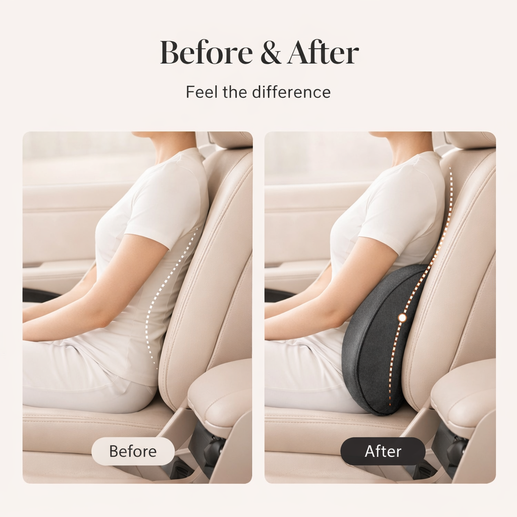 Woman sitting in car seat before and after using a posture support cushion for back alignment