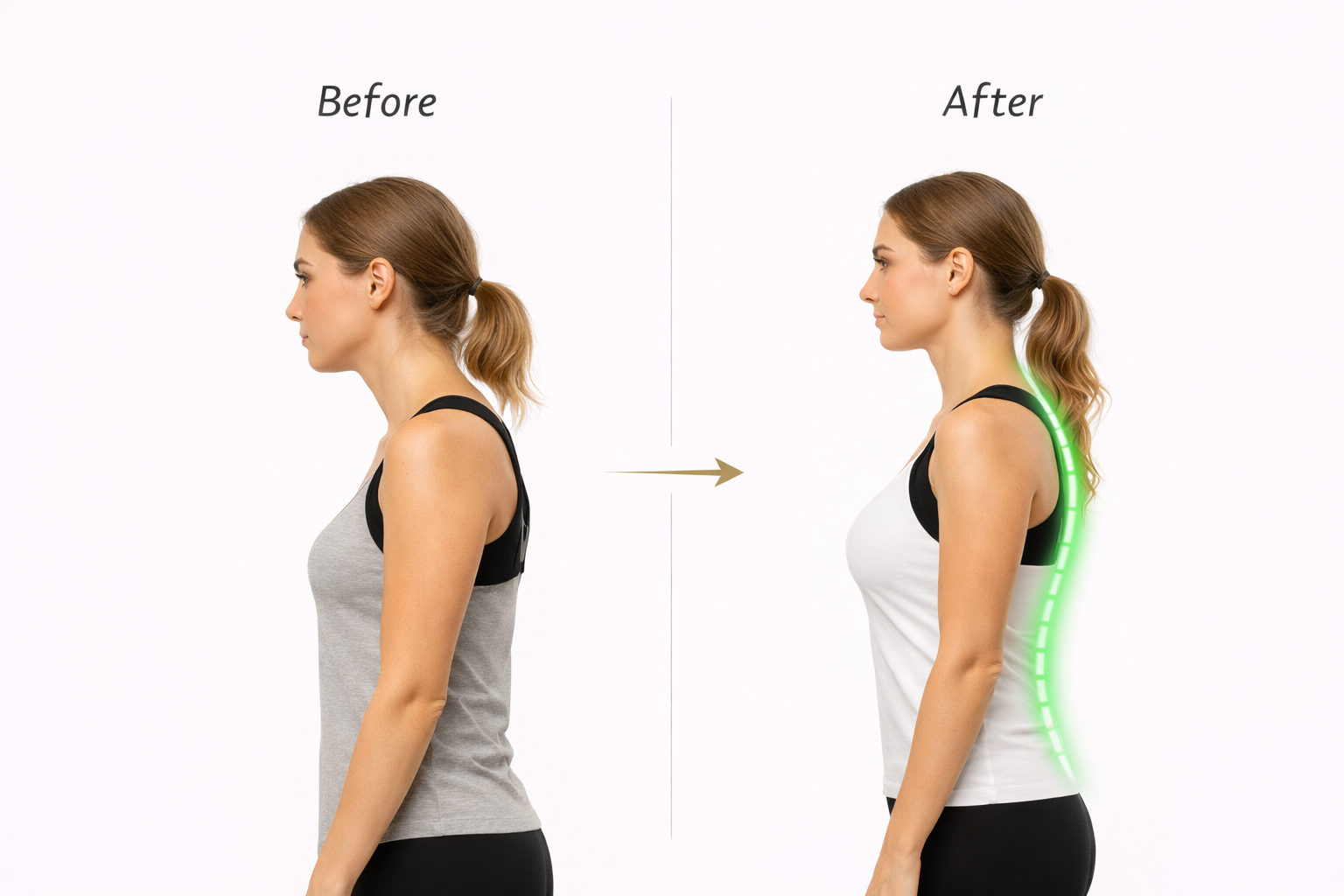 Woman shows before and after posture improvement using a posture corrector device