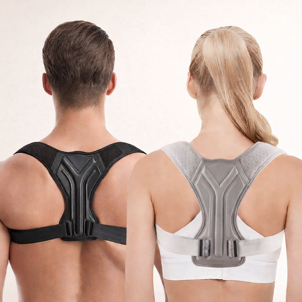 Man and woman wearing adjustable posture correctors for back support