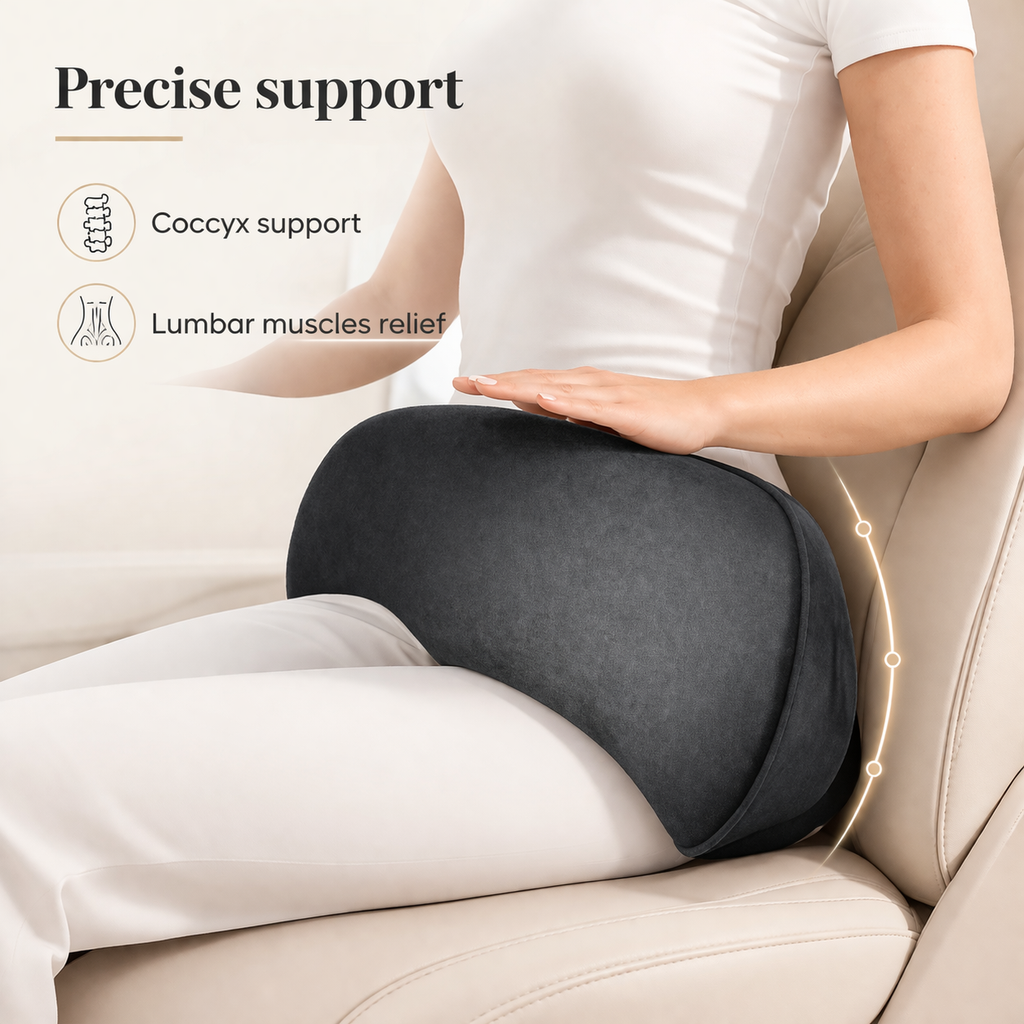 Woman using ergonomic back and seat cushion for coccyx and lumbar support on chair