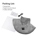 Gray heating shawl with USB cable and instruction manual on white background