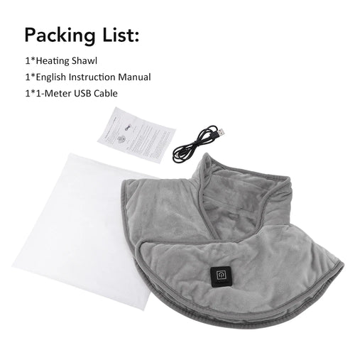 Gray heating shawl with USB cable and instruction manual on white background