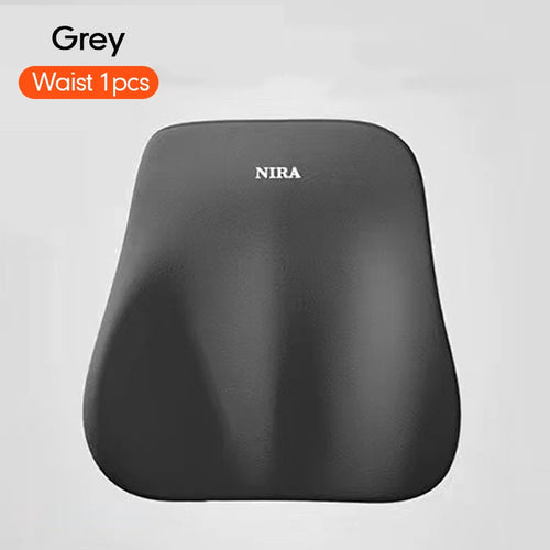 Grey ergonomic posture support cushion for waist, featuring smooth surface and compact design