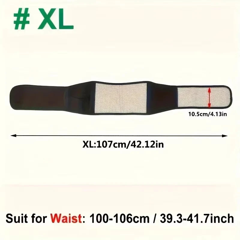 XL posture corrector belt for waist 100-106cm, black adjustable support, size dimensions shown.