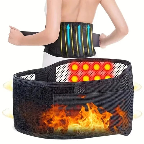 Adjustable posture corrector belt with heating and lumbar support features on a woman's back