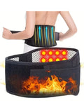 Adjustable posture corrector belt with heating and support features shown on a person