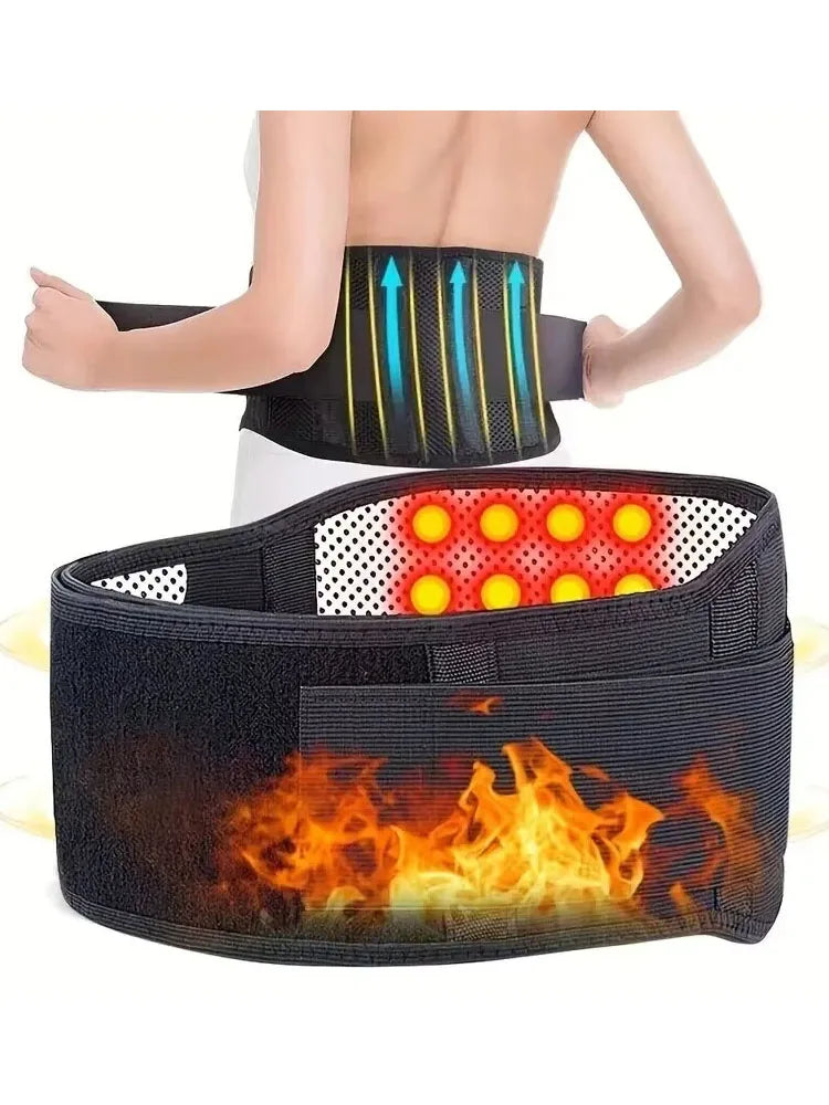 Adjustable posture corrector belt with heating and support features shown on a person