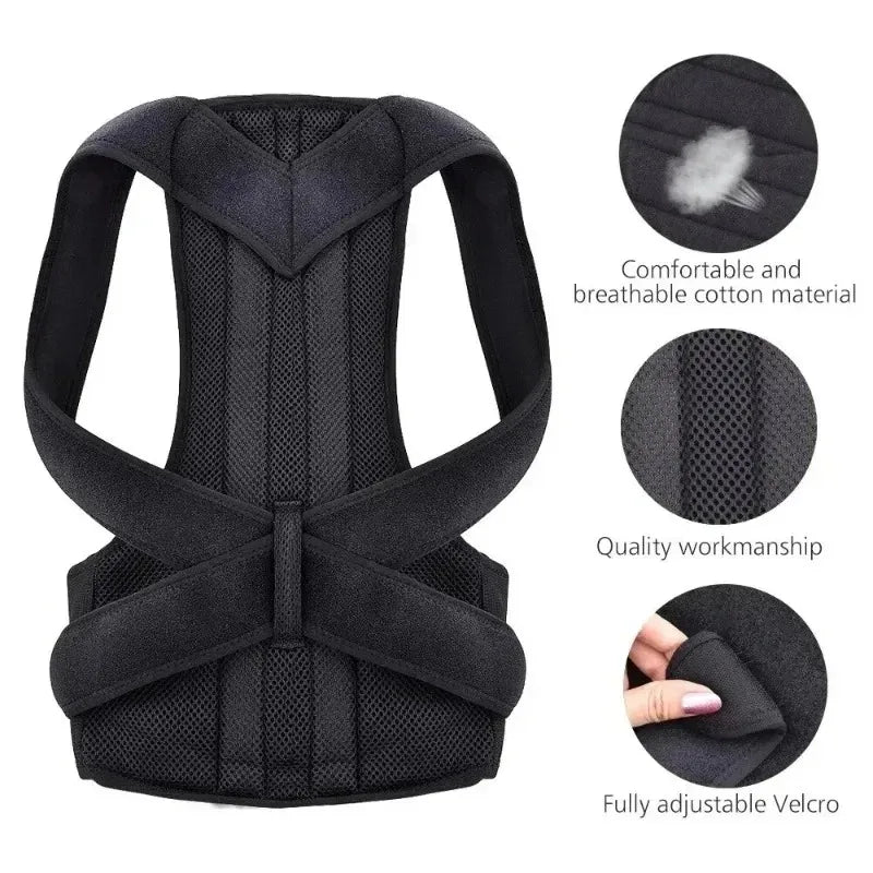 Black posture corrector with breathable mesh, adjustable Velcro, and soft cotton material.