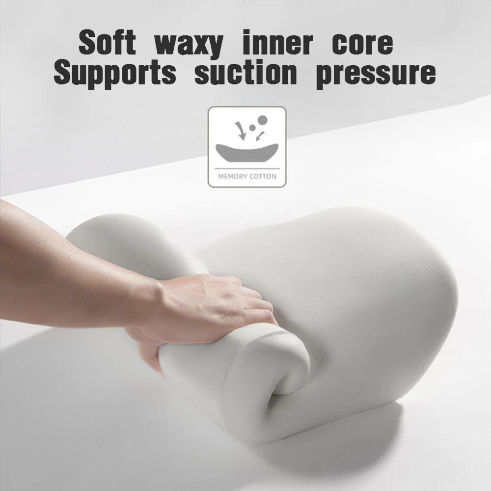 Hand pressing soft memory foam cushion, showing pressure support and ergonomic comfort.