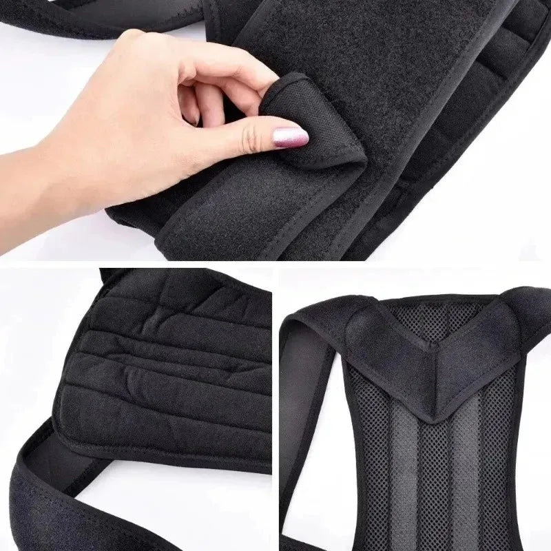 Adjustable black posture corrector with padded straps and breathable mesh details