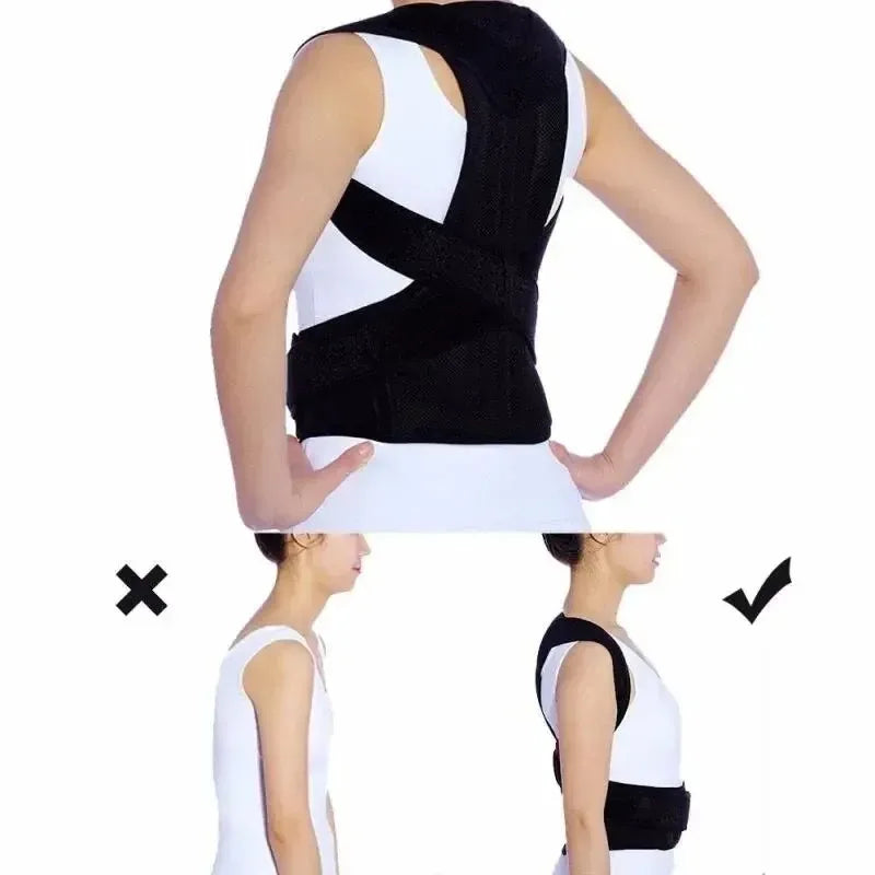 Person wearing black posture corrector demonstrating improved back alignment