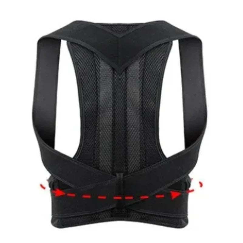 Black adjustable posture corrector with breathable mesh back panel and elastic straps