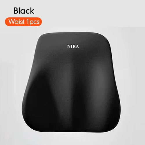 Black ergonomic back support cushion for waist posture correction, labeled NIRA