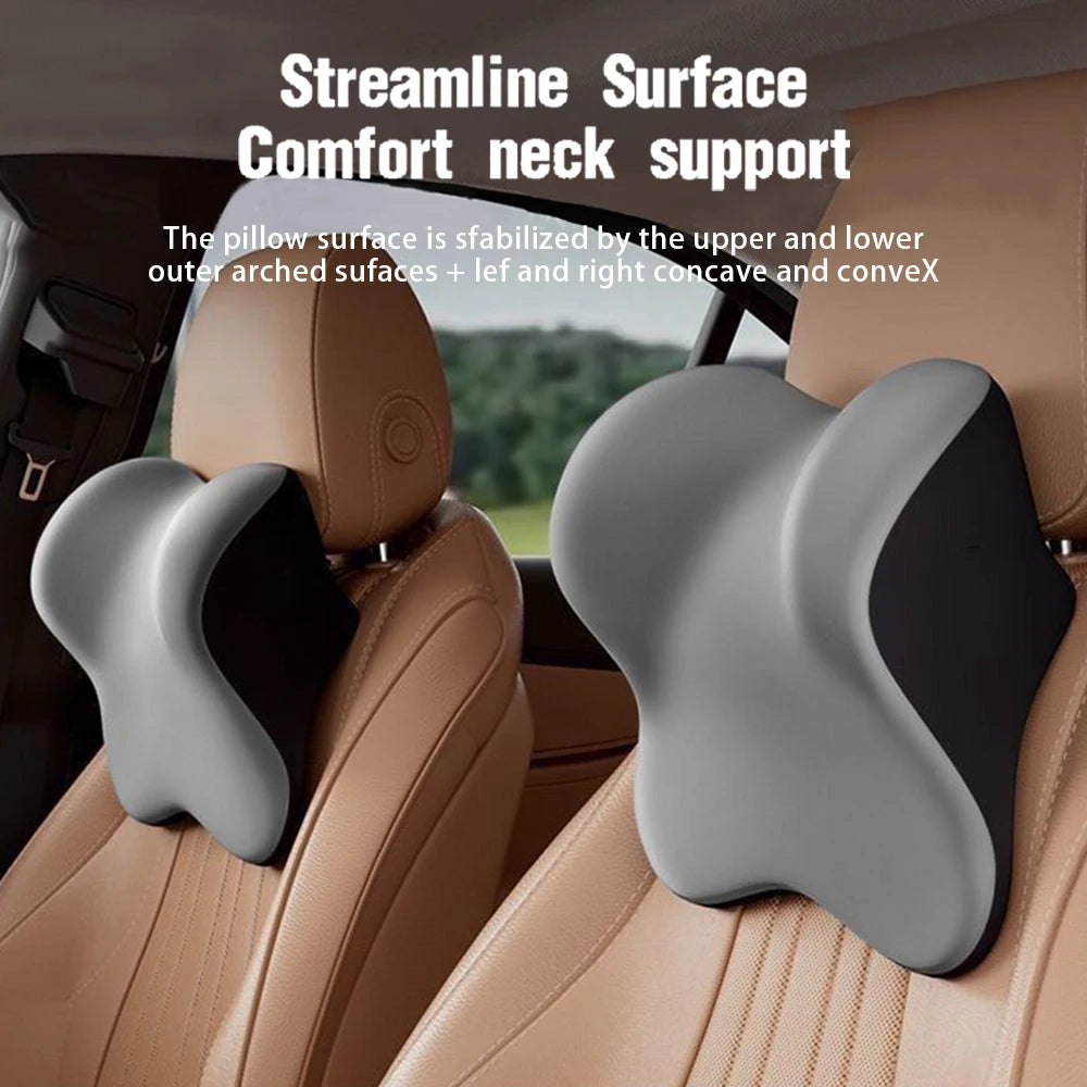 Ergonomic car neck pillows providing posture support on tan leather car seats
