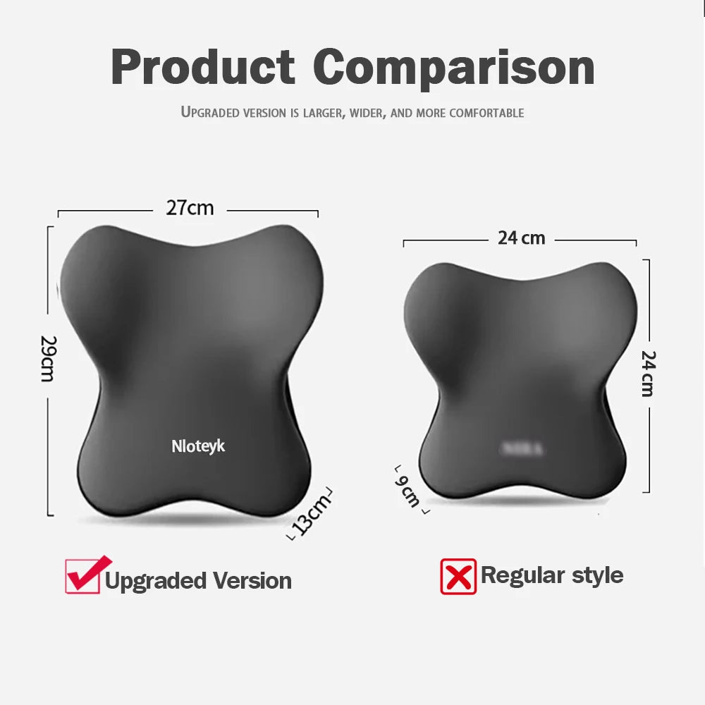 Side-by-side comparison of upgraded ergonomic back support cushion and regular style, showing size differences with measurements in centimeters.