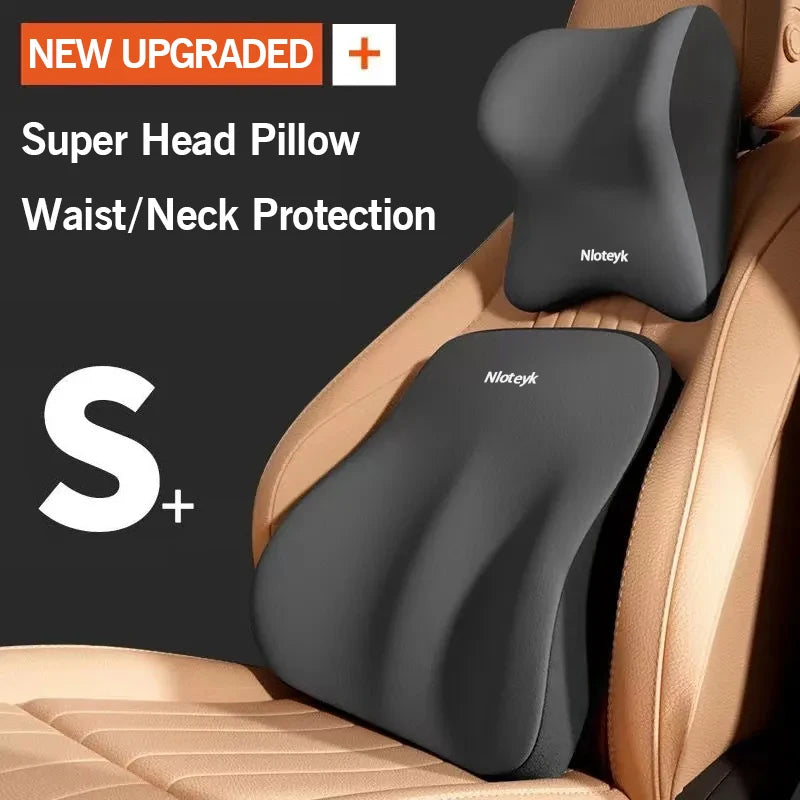 Ergonomic black headrest and lumbar support pillows on tan car seat for neck and waist protection