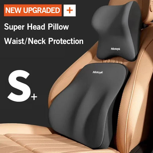 Ergonomic black headrest and lumbar support pillows on tan car seat for neck and waist protection