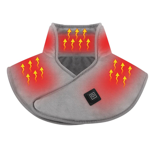 Heated posture corrector wrap for neck and shoulders with visible heat zones and control button