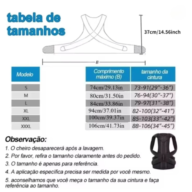 Posture corrector size chart with measurements in cm and inches, visual of back brace.